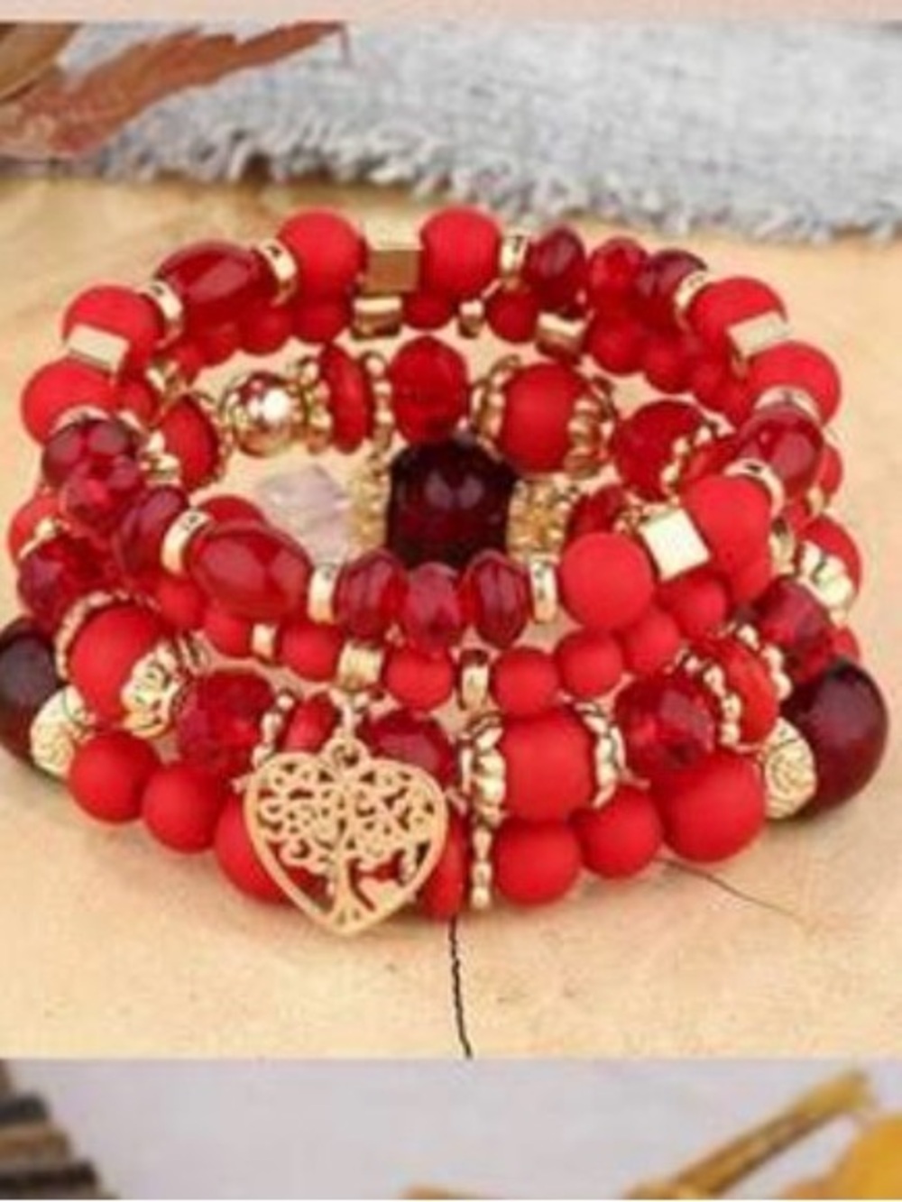 Red Beaded Gold-Tone Heart Charm Bracelet Set